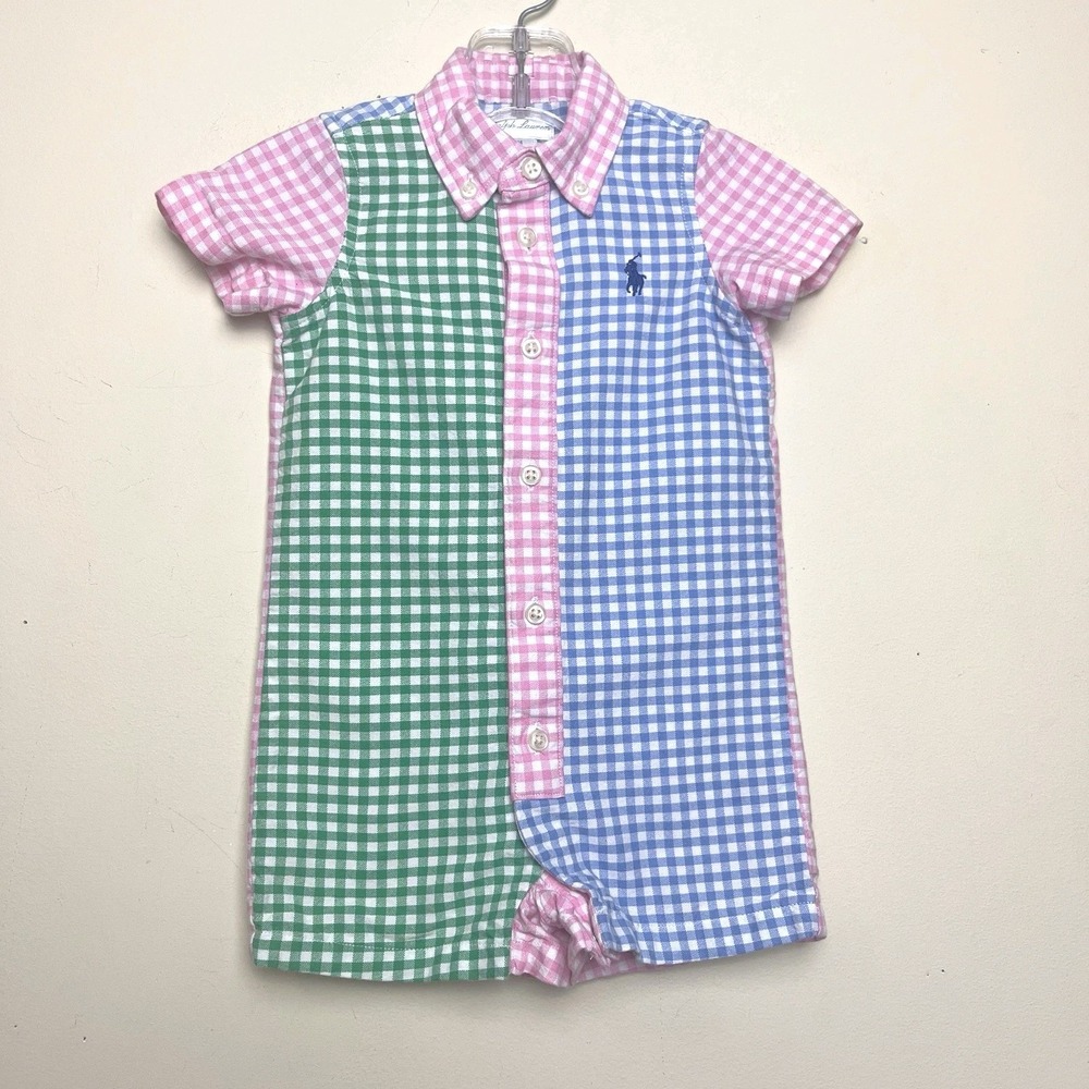 Ralph Lauren Polo Baby Gingham Cotton Oxford Fun Romper EUC Blue Green Pink 6M